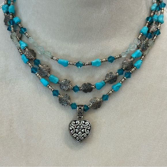 Reversible Heart Pendant Layered Turquoise & Sterling Silver Beaded Necklace - Picture 2 of 9
